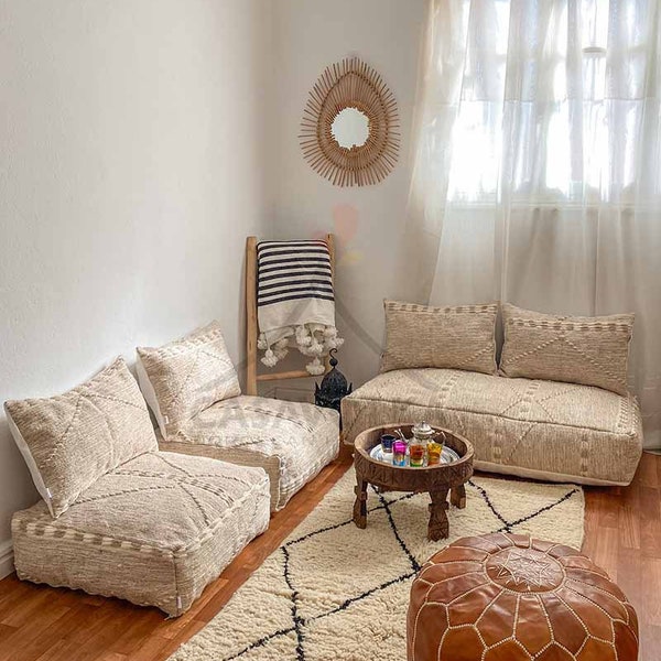 Cojín de suelo marroquí sin relleno: alfombra kilim hecha a mano con funda de lana