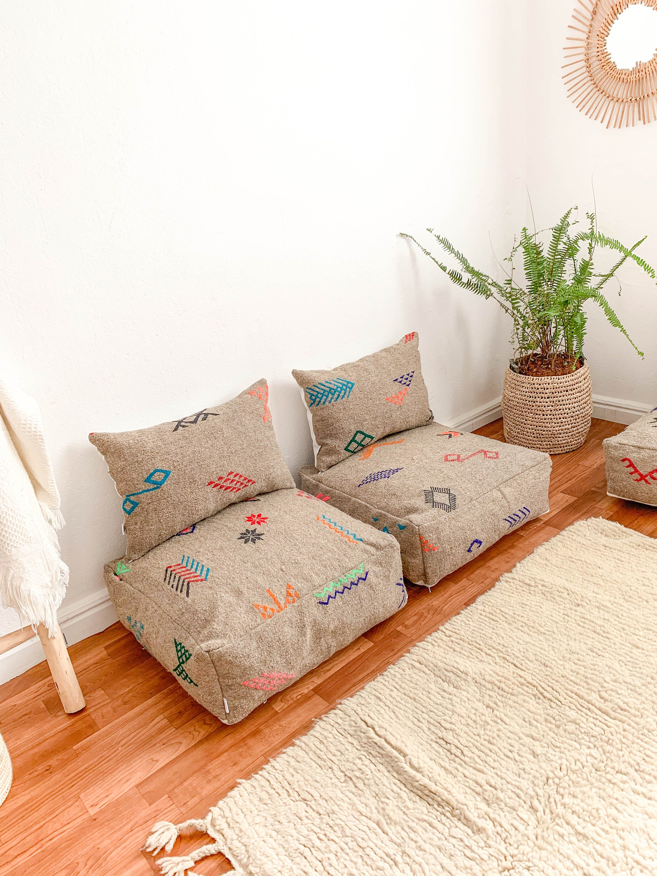 Moroccan Floor Cushion Seating Set: Wool Kilim Rug, Unstuffed