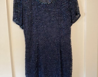 Vintage 90s Oleg Cassini Black Tie Beaded Cocktail Dress Sz 6 FREE SHIPPING