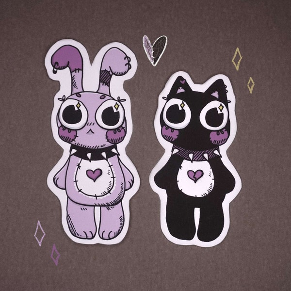 pastel goth stickers - cute kawaii bunnies / cats / stars - stickers in the colors pink / black