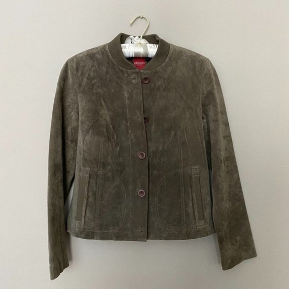 Vintage Olive Suede Bomber Jacket