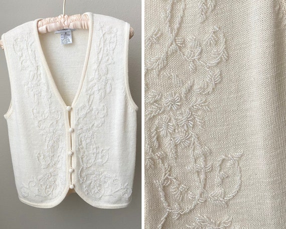 Vintage 1990's Beaded Sweater Vest in Ivory