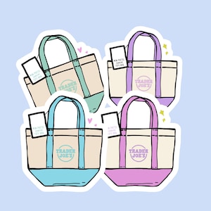 May include: Four mini pastel canvas tote bags with the text "Trader Joe's" in a white circle on the front. The bags are in four different colors: light blue, light green, light purple, and pink. Each bag has a small tag that says "Mini Pastel Canvas Tote Bag".