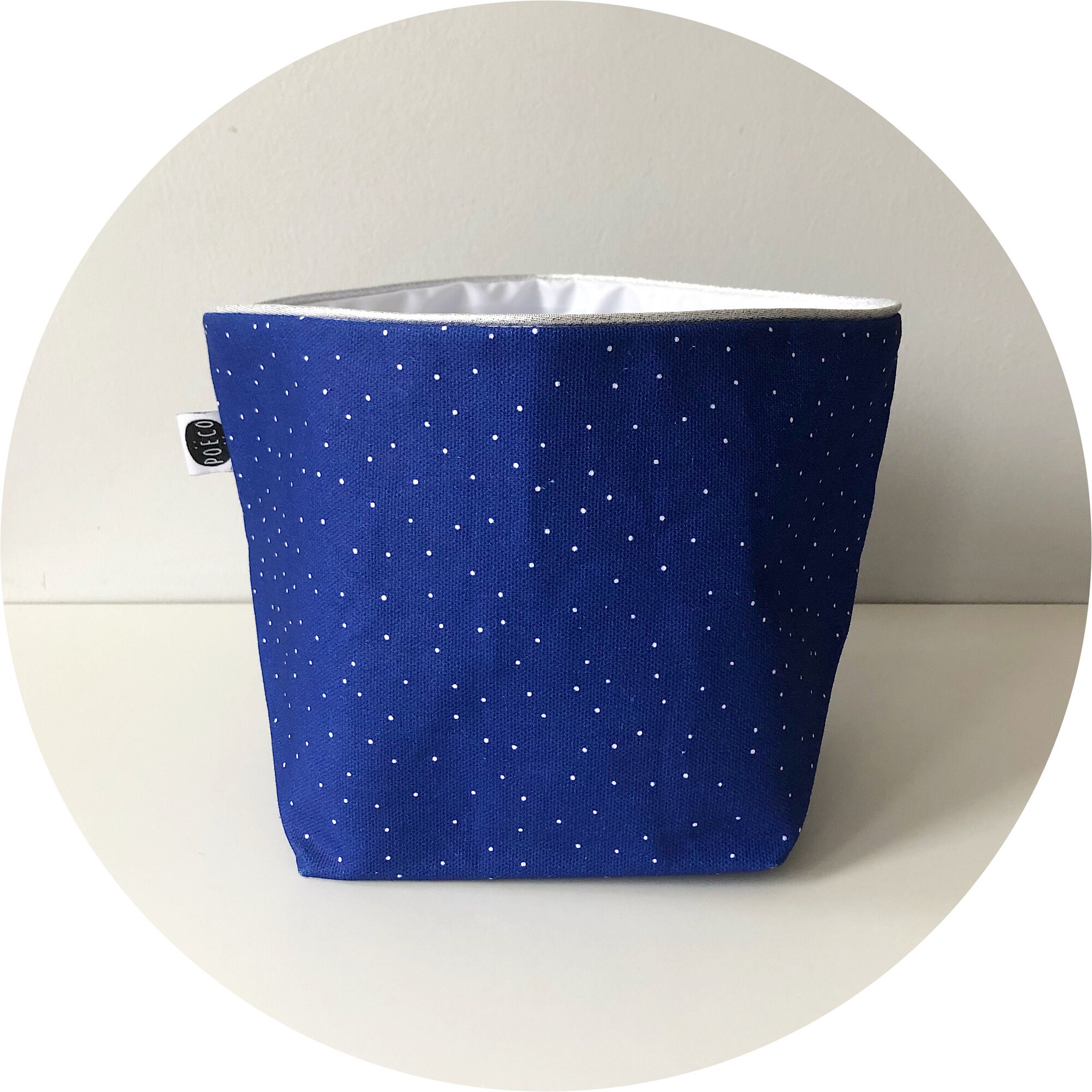 Panière/Vide Poche Imperméable - Motifs Poëco Imprimé sur Coton Bio Hauteur 16cm Bleu + Pois Blanc