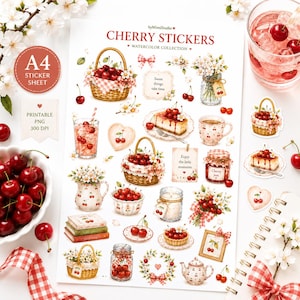 Puede incluir: Una hoja de pegatinas A4 titulada CHERRY STICKERS WATERCOLOR COLLECTION con varias ilustraciones de cerezas, cestas, pasteles, tarros y arreglos florales. La hoja incluye textos como Sweet things take time y Enjoy the little moments.