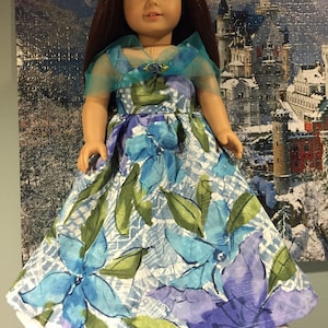 Purple/blue floral formal gown with off the shoulder trim