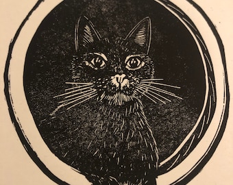Linocut print: zwarte kat / Linoldruck Katze