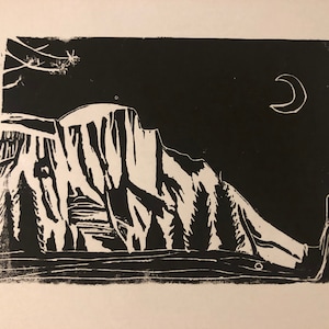 Linocut landscape Yosemite National Park / Linoprint Landscape
