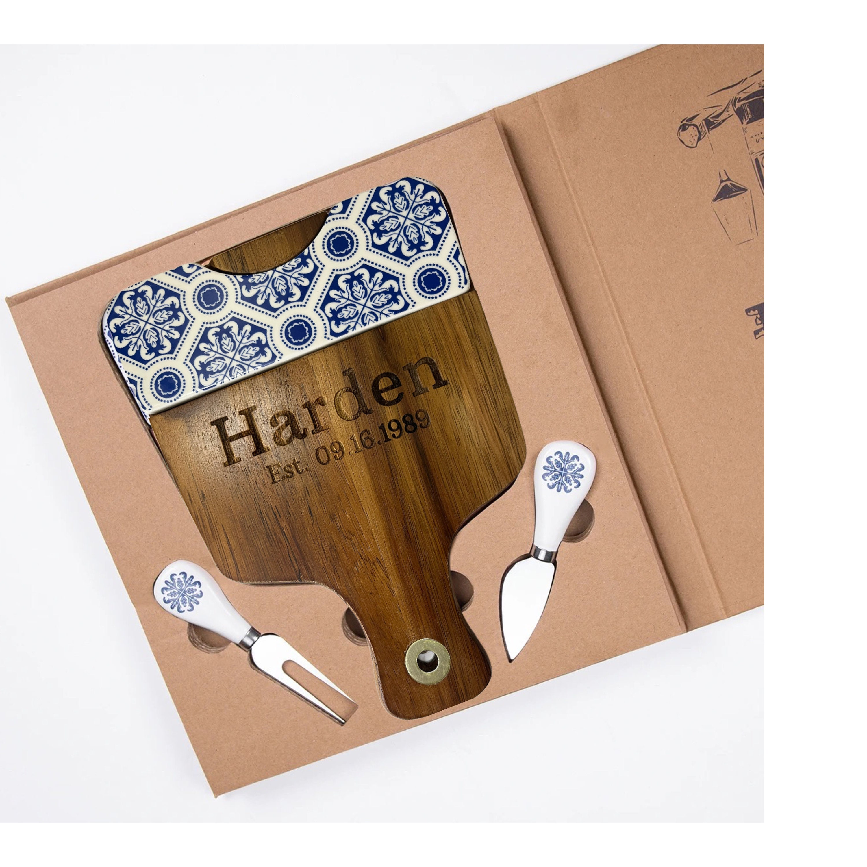 Personalized Acacia Wood Cheese Board Set, Blue Ceramic Tile, Engraved ...