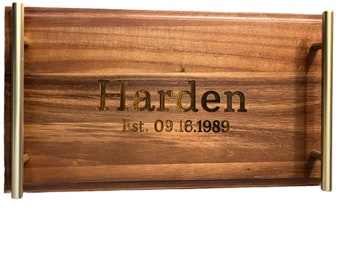 Personalized Wooden Serving Tray with Gold Handles,  Personalized Engraved Serving Tray.