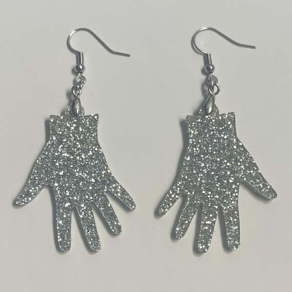 Silver Glitter Glove Earrings, Acrylic Hand Shape Jewelry