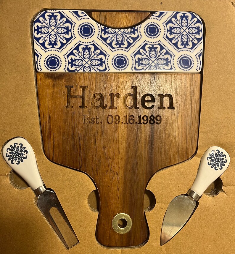 Personalized Acacia Wood Cheese Board Set, Blue Ceramic Tile, Engraved ...