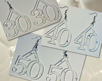 Iridescent Acrylic Number Earrings, 30th 40th 50th Birthday