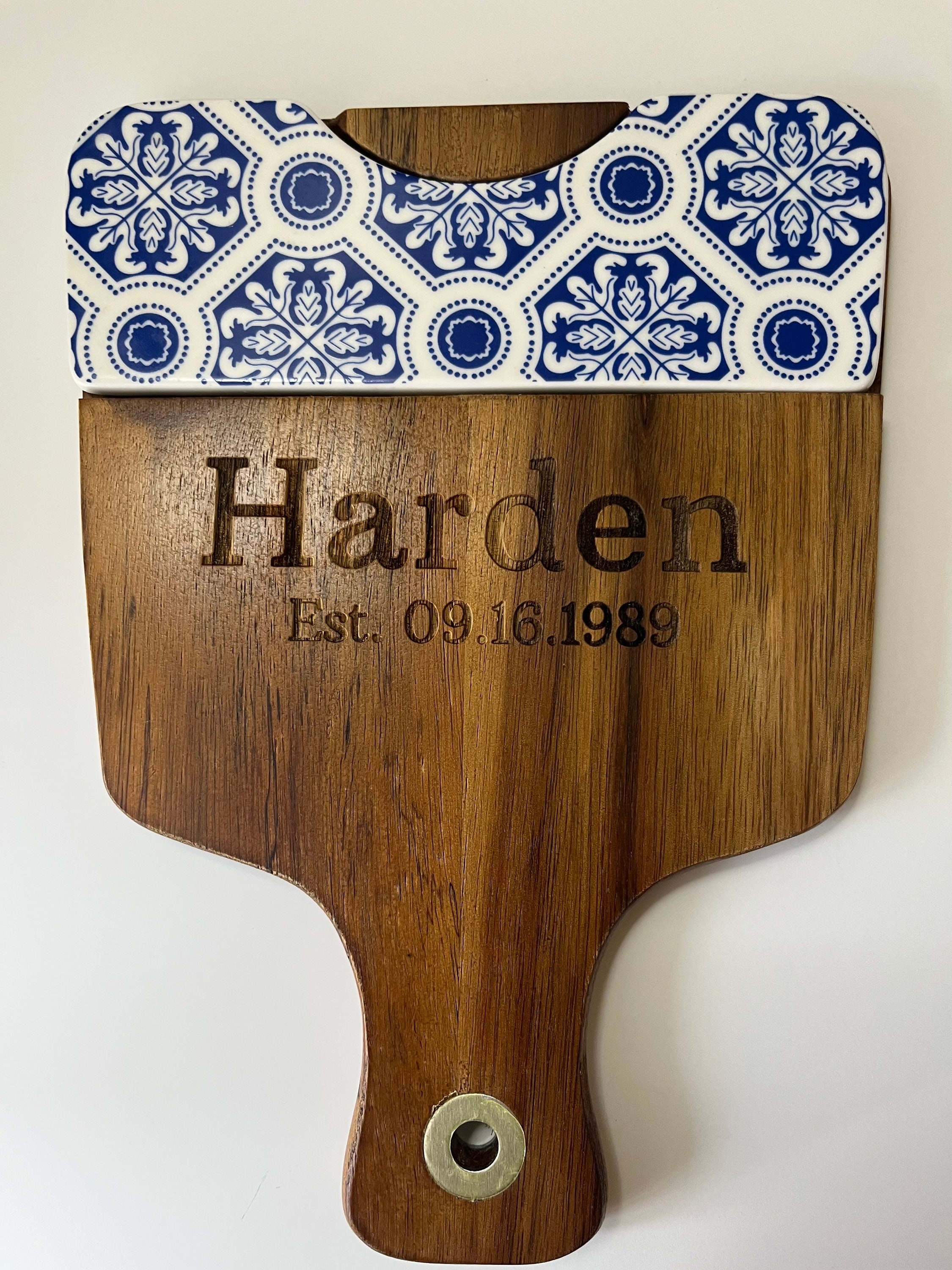 Personalized Acacia Wood Cheese Board Set, Blue Ceramic Tile, Engraved ...