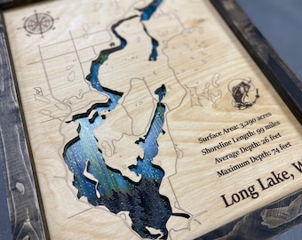 Any Lake Personalized Wood Art, custom lake with laser engraved surrounding street map, Northern Lights Painting, 3D Custom Lake Map