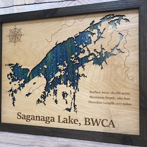 Art en bois personnalisé pour n'importe quel lac, plan des rues avoisinant gravé au laser, tableau nuit étoilée, carte de lac personnalisée 3D, idée cadeau
