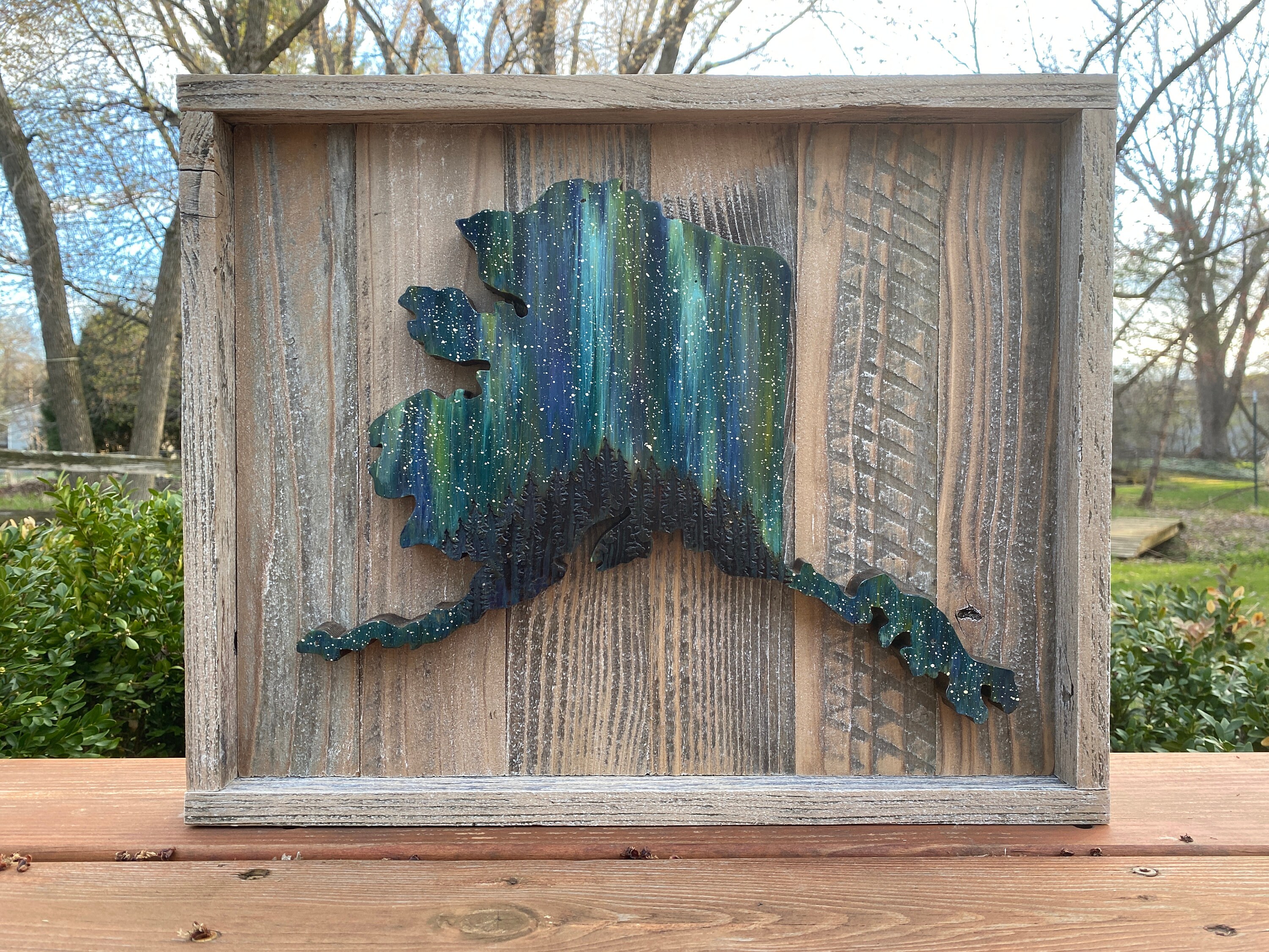 ALASKA State Rustic Wooden Wall Art Northern Lights Painting Etsy