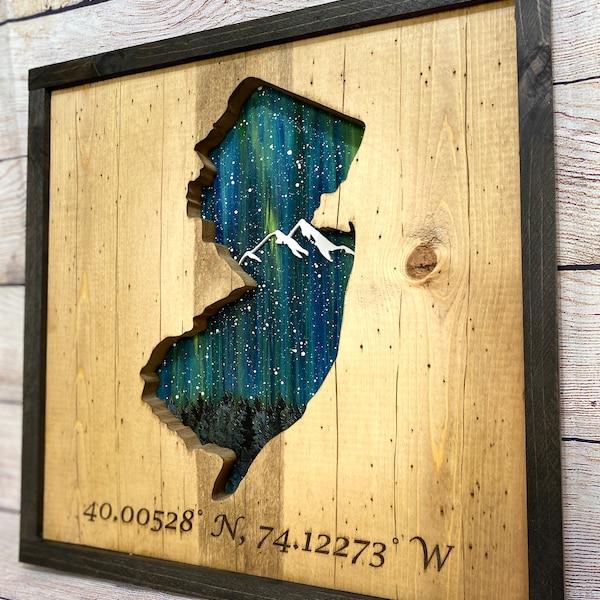 ANY STATE, Personalized State Wooden Wall Art, Starry Night Painting, New Jersey Sign, Wood State Sign, State Map (16x16, 18x14, 20x12)