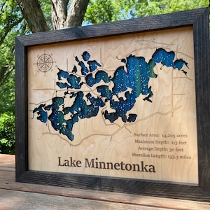 Art en bois personnalisé pour n'importe quel lac, plan des rues avoisinant gravé au laser, tableau nuit étoilée, carte de lac personnalisée 3D, idée cadeau