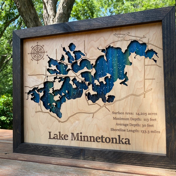 Any Lake Personalized Wood Art, custom lake with laser engraved surrounding street map, Starry Night Painting, 3D Custom Lake Map, Gift Idea