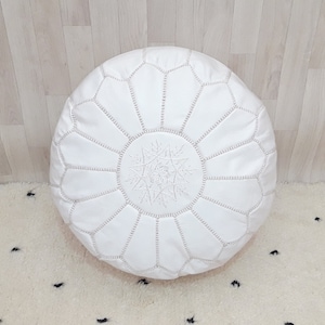 Handmade White Leather Moroccan Pouf Ottoman