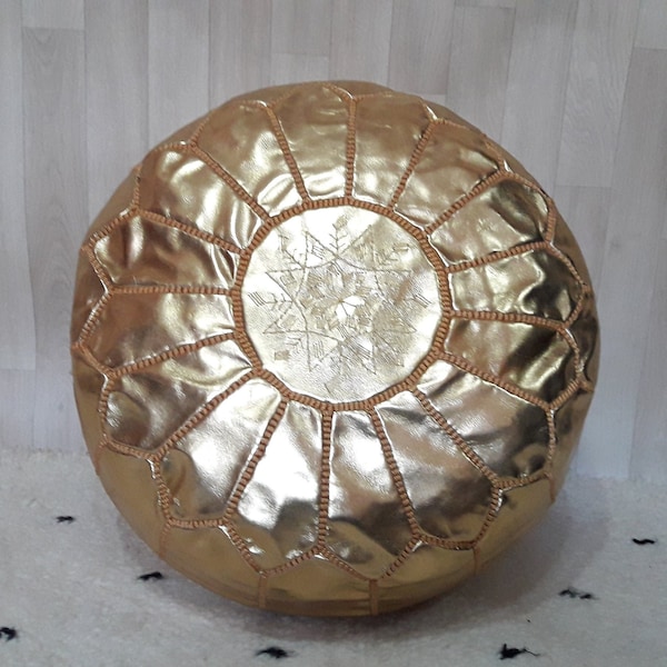 Moroccan handcrafted faux leather pouf, ottoman faux leather pouf cool ottoman luxury gold floor pouf, moroccan home decor pouf Gold