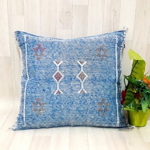 Blue Cactus Silk Pillow Cover: Handmade Moroccan Sabra Cushion (19.6&quot; x 18.5&quot;)