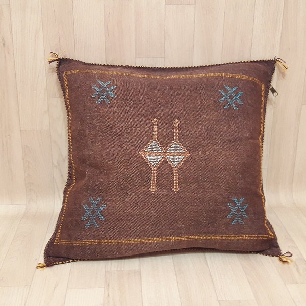 brown Cactus Silk Pillow Cover, Moroccan Boho Throw Pillow , Hand woven Berber Pillow, Sabra Cactus Silk Cushion,Home decor
