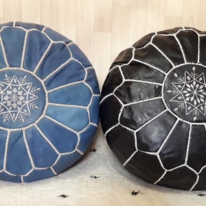 Set of 2: Handmade Moroccan Leather Pouf Ottoman - Blue and Black
