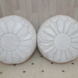 Set of 2 White Leather Poufs: Handmade Moroccan Ottoman Footstools