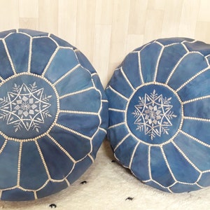 Set of 2 Blue Moroccan Leather Poufs: Handmade Berber Ottoman (Unstuffed)