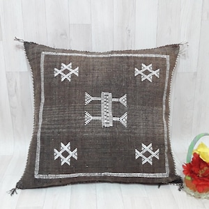 brown Cactus Silk Pillow Cover, Moroccan Boho Throw Pillow , Morocco Handmade pillow, Sabra Cactus Silk Cushion,Home decor