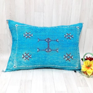 Handmade Turquoise Cactus Silk Lumbar Pillow Cover: Moroccan Boho Cushion