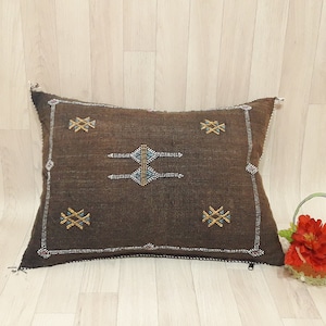 Brown Cactus Silk Pillow Cover, Moroccan Boho Throw Pillow , Hand woven Berber Pillow, Decorative Sabra Cactus Silk Cushion Cover
