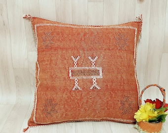 Housse d’oreiller en soie de cactus orange, oreiller marocain boho, oreiller berbère tissé à la main, housse de coussin décoratif en soie Sabra Cactus