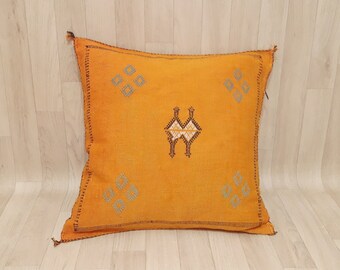 Housse d’oreiller en soie de cactus orange, oreiller marocain Boho, oreiller berbère tissé à la main, housse de coussin décorative en soie de cactus Sabra.oreiller lombaire