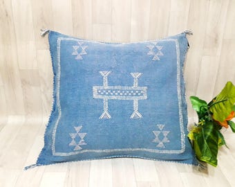 Handmade Moroccan Cactus Silk Pillow Cover: Blue Boho Cushion