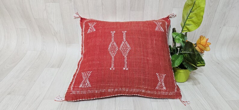 Handmade Moroccan Cactus Silk Pillow Cover: Red/Orange Boho Cushion (18.8x17.7 IN) image 5