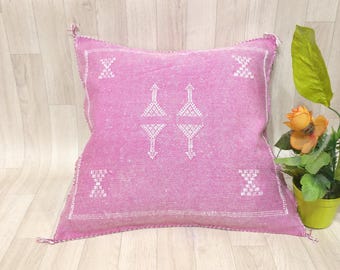 Funda de almohada de seda de cactus marroquí hecha a mano - Cojín bohemio rosa