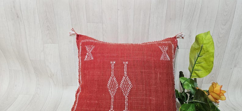 Handmade Moroccan Cactus Silk Pillow Cover: Red/Orange Boho Cushion (18.8x17.7 IN) image 4