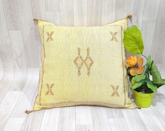 Handmade light Yellow Cactus Silk Pillow Cover: Moroccan Berber Cushion