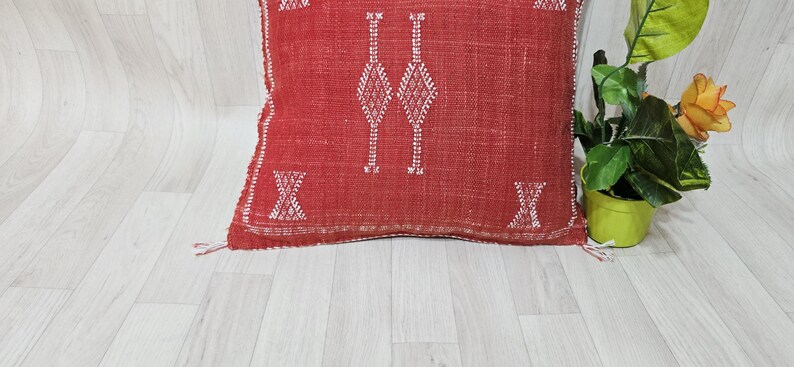 Handmade Moroccan Cactus Silk Pillow Cover: Red/Orange Boho Cushion (18.8x17.7 IN) image 3