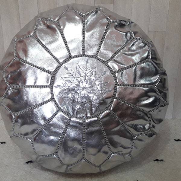 Pouf en faux cuir marocain fabriqué à la main, pouf en faux cuir pouf froid pouf de luxe argent, décoration marocaine pouf argent