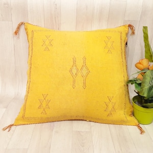 Handmade Yellow Cactus Silk Pillow Cover: Moroccan Sabra Cushion