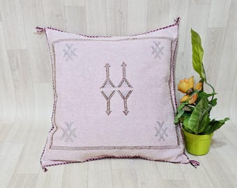 Handmade Moroccan Cactus Silk Pillow Cover: Light Pink Boho Cushion (19.6x18.8")