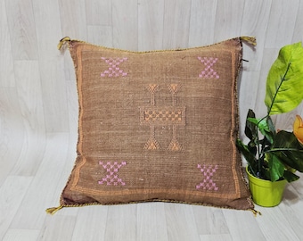 Handwoven Cactus Silk Pillow Cover: Moroccan Berber Boho Cushion (19.6" x 19.6")