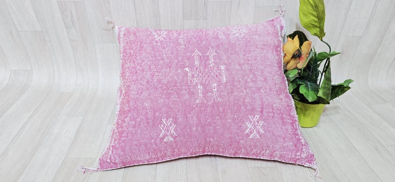 Handwoven Cactus Silk Pillow Cover: Moroccan Berber Boho Cushion, Pink image 5