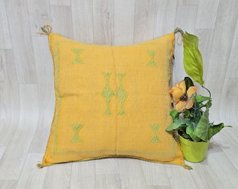 Yellow Cactus Silk Pillow Cover: Handwoven Moroccan Berber Cushion