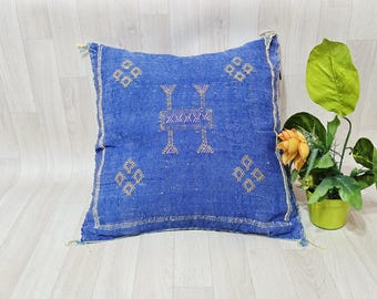 Blue Cactus Silk Pillow Cover: Handwoven Moroccan Berber Cushion