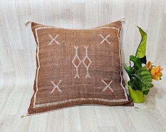 May include: A square brown throw pillow featuring a white embroidered border and white stitched geometric patterns, including four corner X-shapes and two central diamond-like motifs, displayed alongside a small green potted plant.